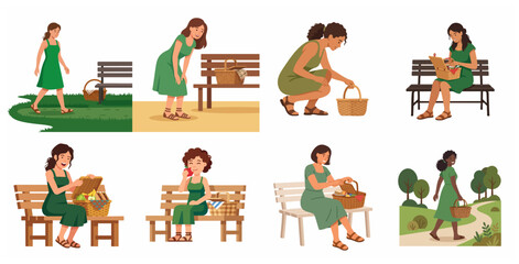 Fototapeta premium Set of vector illustrations of a woman enjoying a picnic in the park with a basket and snacks