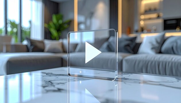 Transparent glass play button icon displayed on marble table inside luxury contemporary living room