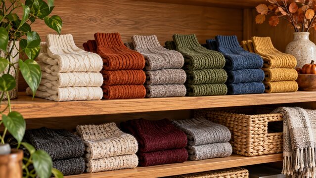 Neatly folded socks in chunky cable knit textures arranged on warm wooden shelves, creating a cozy autumn wardrobe display with earthy colors, leafy plants, woven baskets, and seasonal home decor