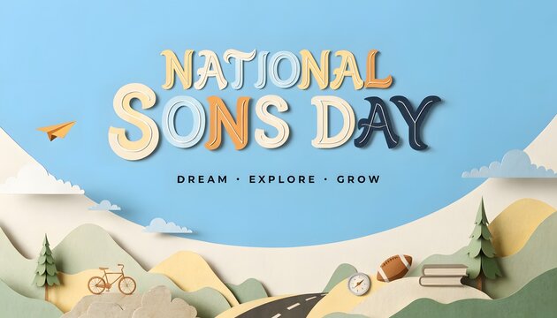National sons day text with paper craft landscape background featuring adventure elements