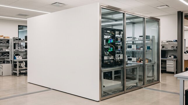 Modern electronics engineering laboratory featuring a specialized enclosed prototype testing bay set