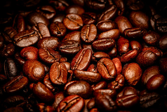 close up roasted espresso coffee beans