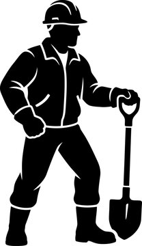 Silhouette of a construction worker holding a shovel against a white background