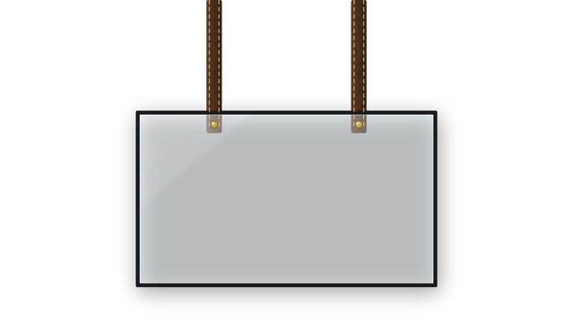 Glass sign in black frame hanging from leather straps