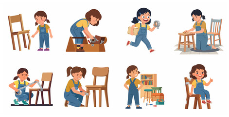 Fototapeta premium Little girl repairing a broken wooden chair with tools and duct tape illustration set