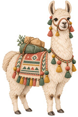 Fototapeta premium A whimsical llama adorned with festive tassels and colorful woven blankets, carrying gifts on its back, standing on a blurred background.