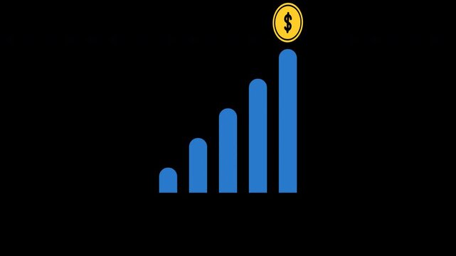 A clean, dynamic 2D vector animation of a financial growth chart. Watch as corporate blue bar graphs cascade upwards, culminating in the satisfying pop-up payoff of a golden dollar coin. Designed with