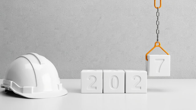 Construction helmet next to 2027 year white cubes with crane hook placing number seven building future corporate growth concept.