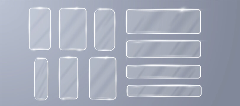 Transparent frosted glass rectangles and rounded buttons collection with light reflection effects for minimalist user interface and mobile application design.