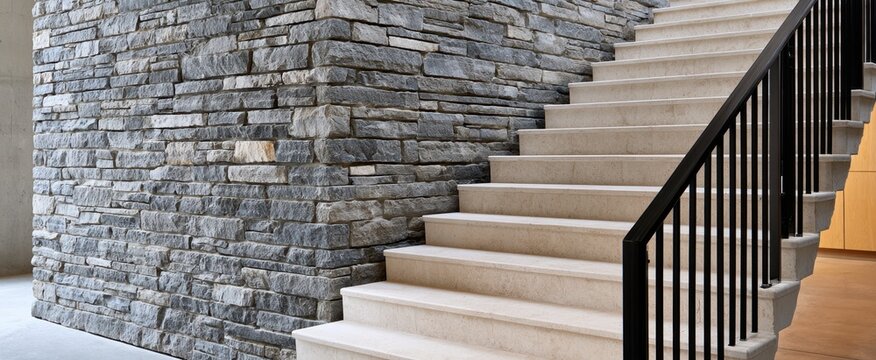 Natural stacked stone wall and beige marble staircase with black metal railing for interior architecture background and design portfolio
