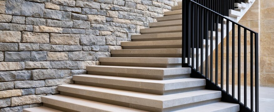 Modern stone interior staircase with black metal railing for architecture design background and poster layout for commercial and residential spaces