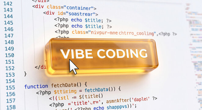 A glowing glass button with the text vibe coding placed over computer source code with lines computer programming translucent amber glass cursor pointing button