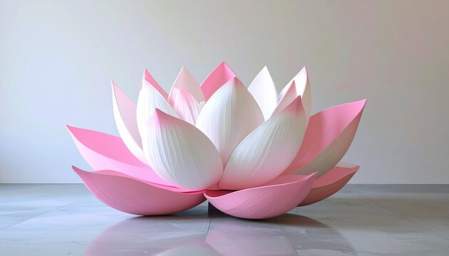 Three-dimensional pink and white lotus flower sculpture on minimalist studio floor