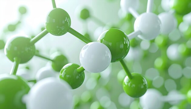 Abstract geometric molecule structure with white and green spheres connected by scientific network nodes