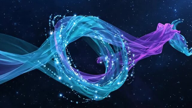 science fiction Abstract cyan and purple glowing ribbons swirl and interweave with sparkling particle nodes across a dark starry space background in this 3D digital animation