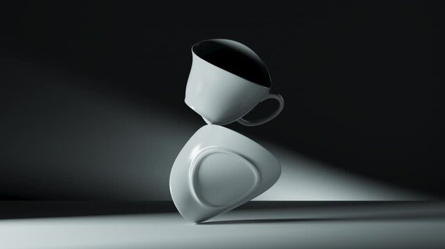 A white cup and saucer twist and roll together in a beautiful dance. The high contrast lighting emphasizes the elegant 3D shapes. 3D render motion.