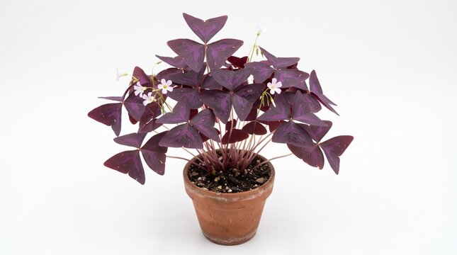 Purple Oxalis triangularis houseplant in terracotta pot, blooming false shamrock with pink flowers, decorative indoor plant on white background