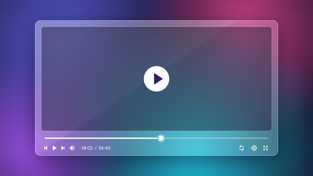 Glass video player on colorful blurred background with play button
