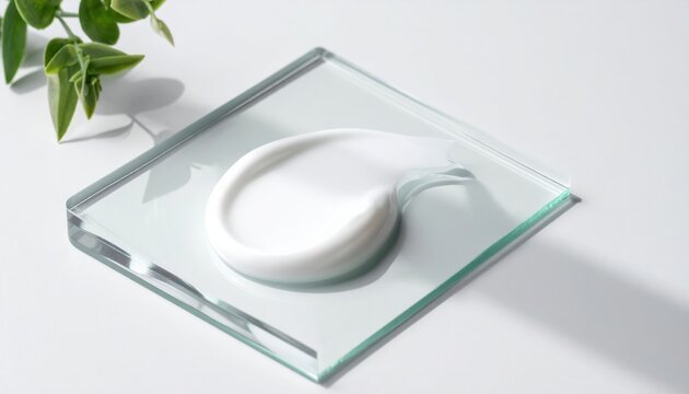 Cosmetic cream swatch smear on square glass plate over white table for skincare product testing