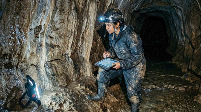 Female geologist mapping an underground cave with a tablet. Speleologist in muddy gear surveying a subterranean rock formation using digital technology