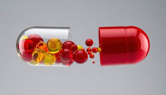 Open medical capsule releasing colorful red and yellow liquid gel spheres
