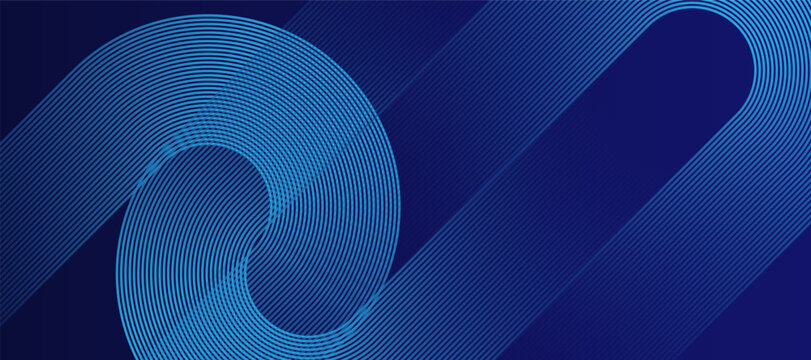 Abstract dark blue background featuring dynamic curved line patterns and geometric wavy shapes for modern corporate presentation design.