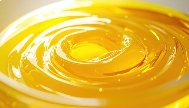 Swirling thick yellow liquid forming smooth curved waves inside a glass container with bright reflections