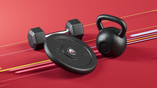 Looped fitness video with gym equipment and fast running lines on a red background. Energetic sports motion clip for training, strength, and workout branding.