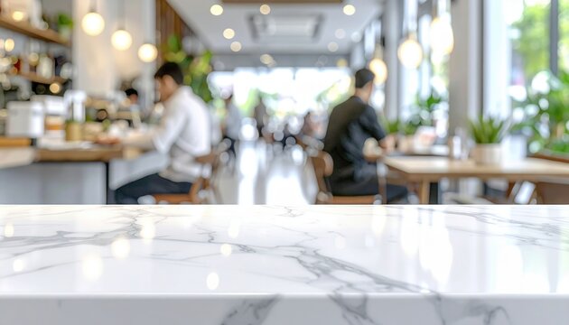 Polished white marble cafe countertop in foreground with blurred customers working inside bright modern restaurant