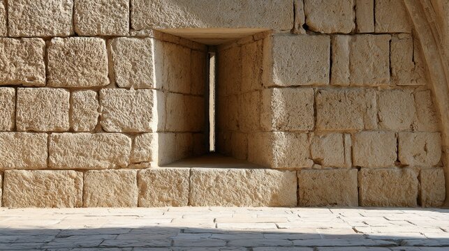 Historic stone masonry closeup with narrow arrow slit window and sunlit texture for background, architecture design and poster layout