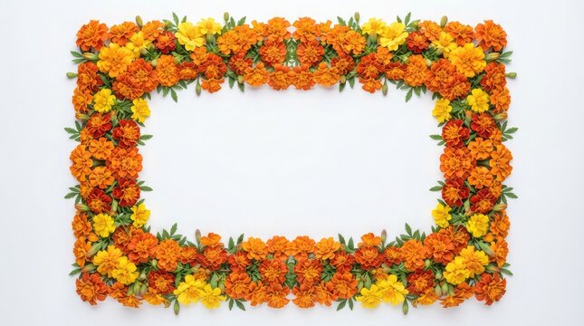 Festive marigold flower arrangement forming a rectangular frame on a white background for Diwali celebrations