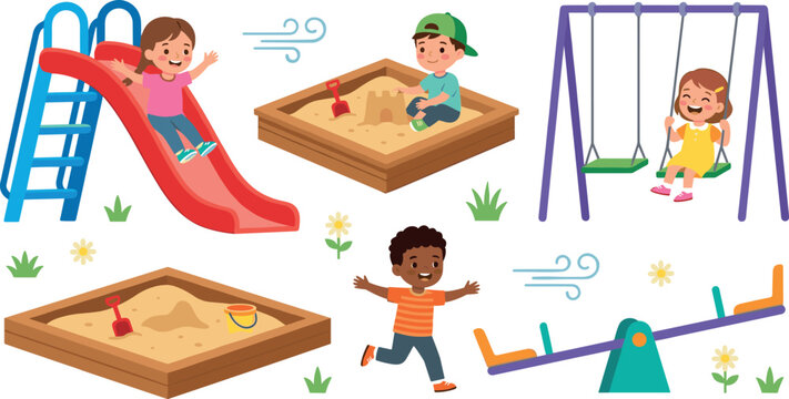 Cute Kids Playground Vector Set Featuring Happy Children Playing on Slide Swing Sandbox and Seesaw for Outdoor Park and Kindergarten Graphic Designs