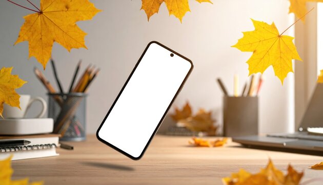 Levitating blank smartphone above wooden office desk with falling yellow maple leaves