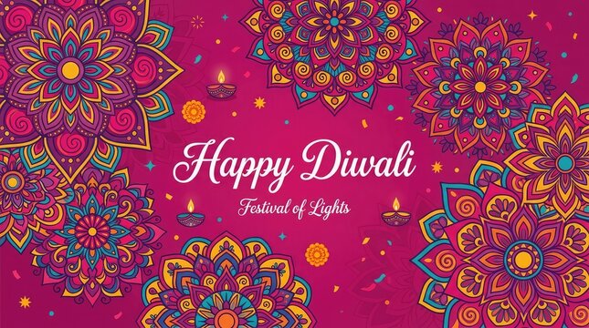 Colorful floral mandalas and traditional oil lamps celebrate a happy Diwali festival of lights background