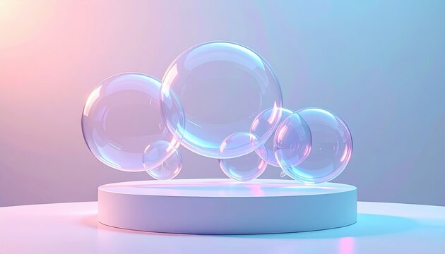 Multiple transparent glass speech bubbles clustered on white cylindrical podium representing social media communication and digital messaging