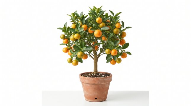 Calamondin orange tree in terracotta pot, miniature citrus plant with ripe fruit, indoor potted citrus tree isolated on white background