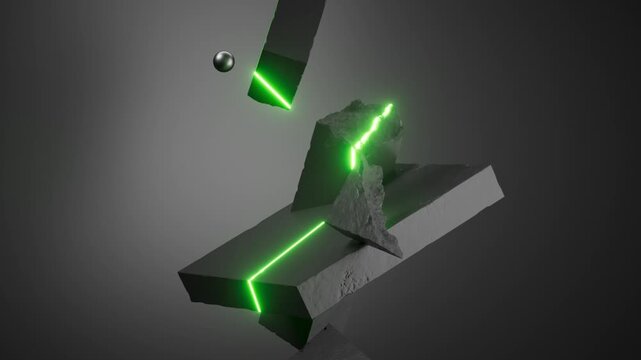 Green neon laser scanning a geometric composition of black stone blocks. Futuristic 3D render motion with glowing light effect and dark minimalistic aesthetic.