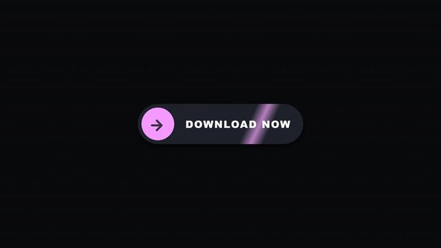 Seamless loop of a modern dark mode UI button with pink neon accents, pulsing animation, animated arrow, and sweeping light reflection, designed for 4K compositions.
