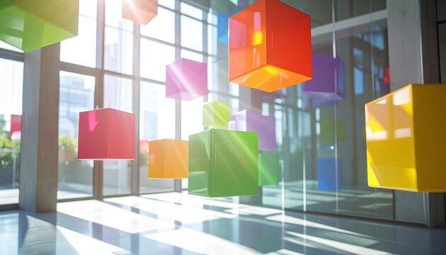 Floating colorful interlocking geometric blocks emitting light rays inside modern glass office