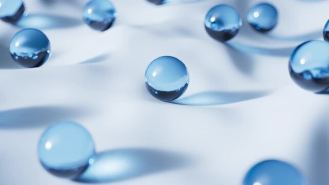 Animation of blue water droplets rest on a smooth, white surface, casting soft shadows. 3d render loop motion.