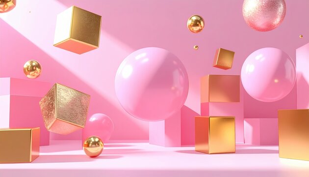Floating pink spheres and gold cubes forming dynamic 3D geometric composition with shadows