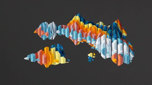 Orange and blue abstract wave cluster forms a bright equalizer-like sculpture. Seamless loop for audio visuals, promos, and branding. 3d render motion.