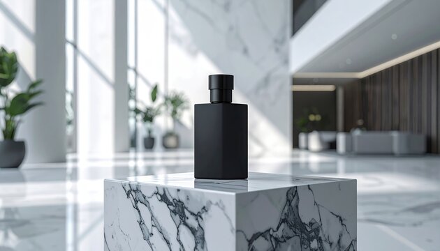 Matte black luxury perfume bottle on white marble pedestal inside modern architectural lobby