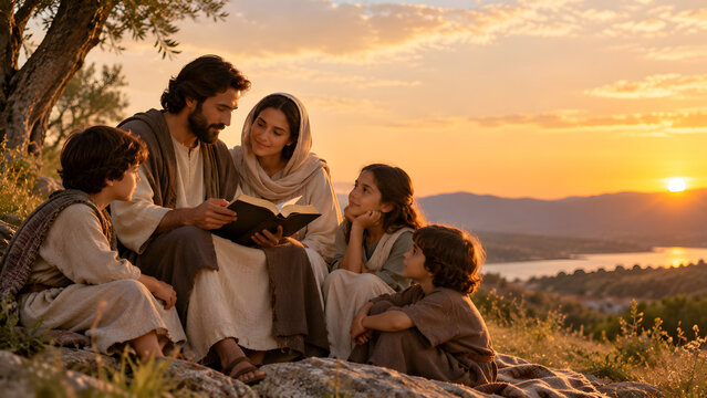 Jesus Teaching Children and Families Outdoors at Sunset