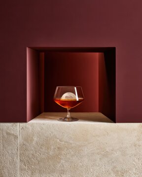 Whiskey snifter glass with ice sphere in recessed red niche minimalist warm still life for design card poster background