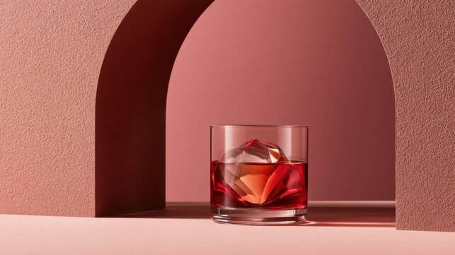 Red cocktail glass with faceted ice in an arched pink alcove minimal still life composition for design poster background