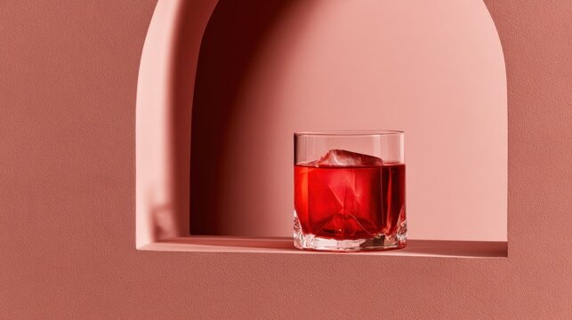 Red cocktail glass with single ice cube in a soft pink alcove minimalist still life scene for design card poster background