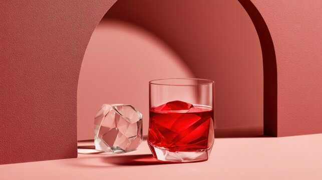 Red cocktail glass with crystal ice and extra ice stone in an arched pink alcove contemporary still life for design poster background