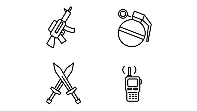 Infantry weapons icon pack with continuous seamless loop animation on a transparent background for digital media displays.