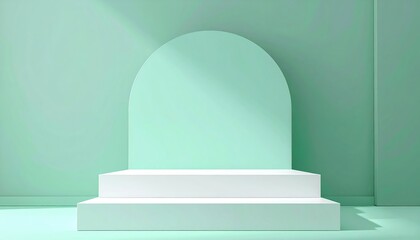 Obraz premium Mint green and white stepped geometric platform forming minimalist blank presentation stage